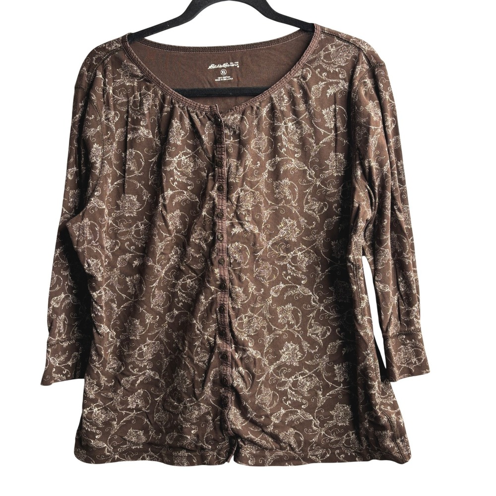 Eddie Bauer Brown Ribbed‎ Cotton Floral Cardigan Top Forest Fairy Earth Tone XL